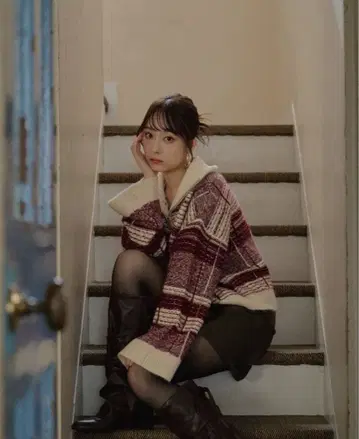 Mideal/ 하프 집 체크 니트