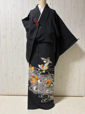작가 미사용 유젠의 원앙 블랙 전통 예복 기모노 m4381