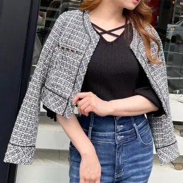 [립 서비스] 노카라 크롭 자켓 트위드 블랙 M