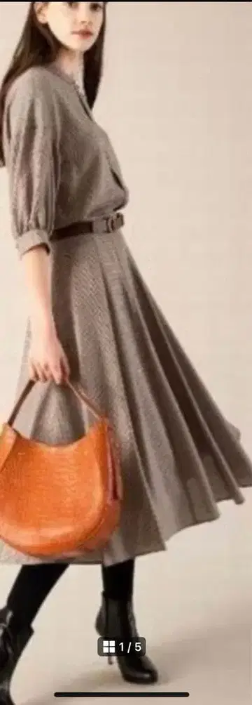 아나이 퍼프 슬리브 블라우스 그레이 계열 체크 무늬 7부 소매 롱 원피스