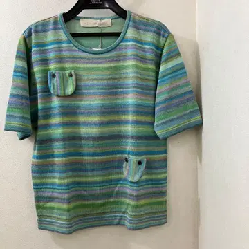 블루 계열 스트라이프 패턴 반팔 니트 9R