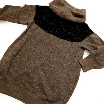 피노레 라메 믹스 브라운 블랙 터틀넥 스웨터 튜닉 사이즈 40