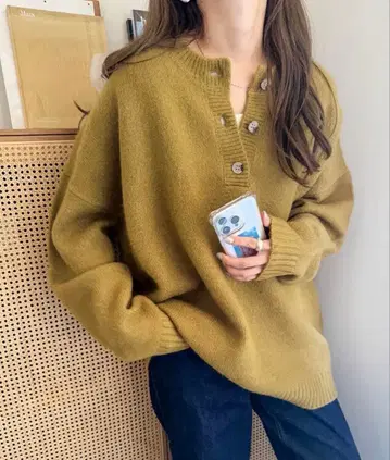 andme 천축 편직 헨리넥 긴팔 니트탑