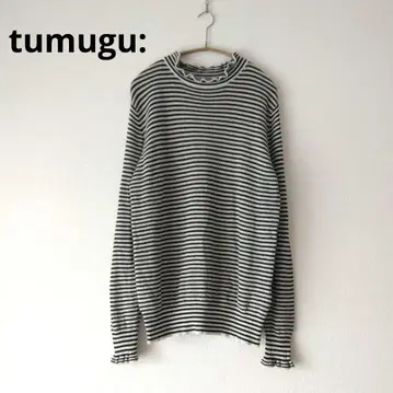 tumugu: 츠무구 랜덤 리브 니트 보더 프릴 블랙