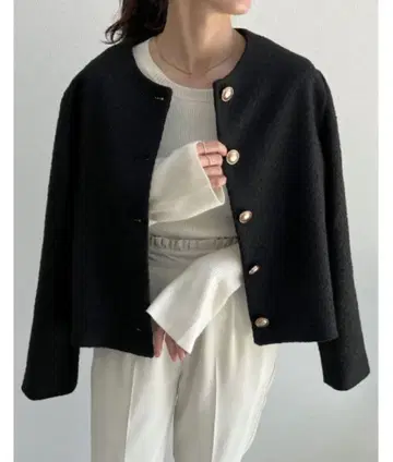 Re:EDIT 골드 버튼 노카라 트위드 자켓 블랙