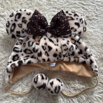 레오파드 무늬 퍼 모자 스팽글 리본 포함