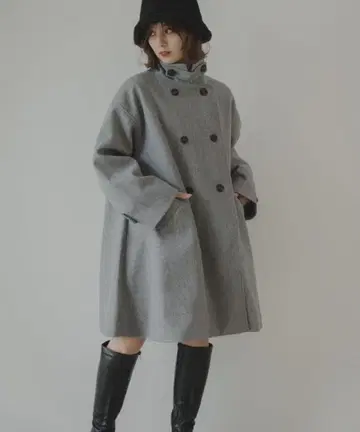 [ 정가 12800엔 ] rectangle 스탠드 카라 미들 플레어 코트