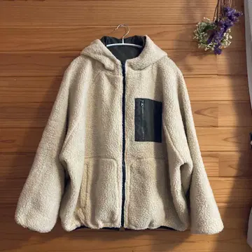 플리스 자켓 후드 부착 크림색 리버서블