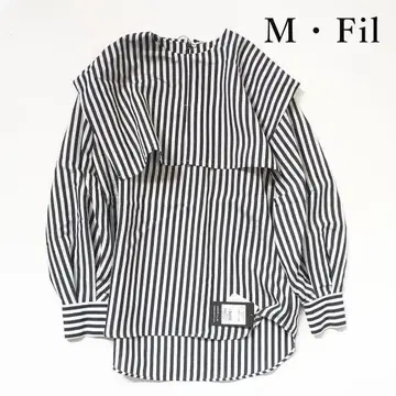 M 필 M Fil 스트라이프 블라우스 스퀘어 블랙 화이트