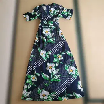 70s 빈티지 플라워 프린트 롱 원피스 반팔 벨트 포함