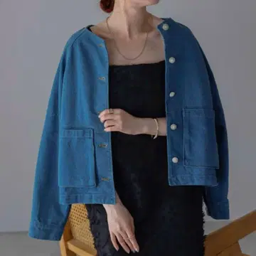 &HALF 데님 자켓 g 래글런 노카라 데님 자켓