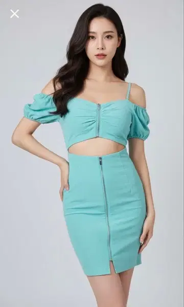 스카이블루 오프숄더 바디 콘셔스 드레스