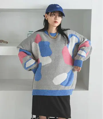 컬러풀 모티브 패턴 오버 사이즈 니트 F 사이즈