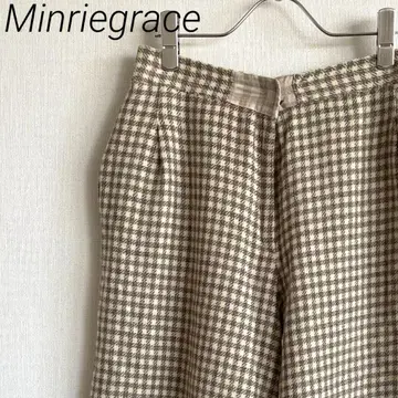 Minriegrace 와이드 팬츠 체크 무늬 포켓 부착 모 100%