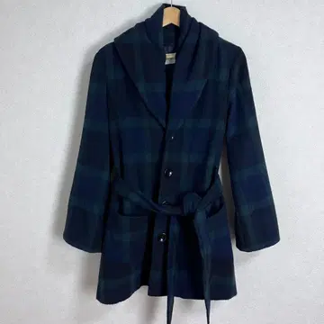 슈퍼 하카 울 코트 벨트 포함 체크 네이비 그린 F