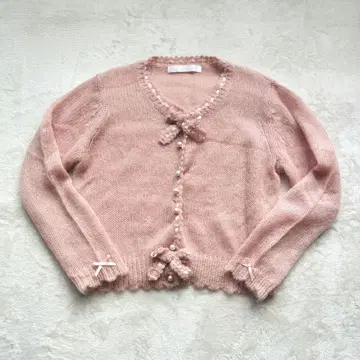 핑크하우스 모헤어 가디건 핑크 리본 펄