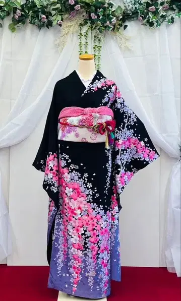 벚꽃 패턴 후리소데 블랙 핑크