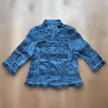 자수 레이스 7부 소매 블라우스 꽃무늬 M 터콰이즈