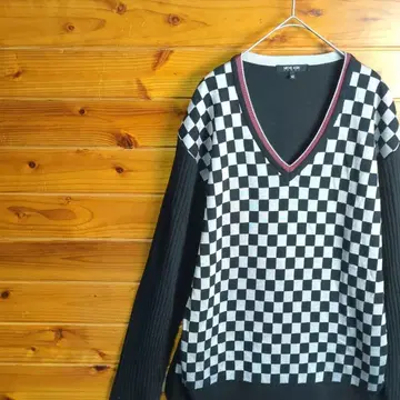 MICHEL KLEIN HOMME 니트 XL 블랙 그레이 격자 무늬 V넥