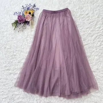 새상품급 미슈마슈 맥시 길이 튤 플레어 스커트 롱 퍼플 M