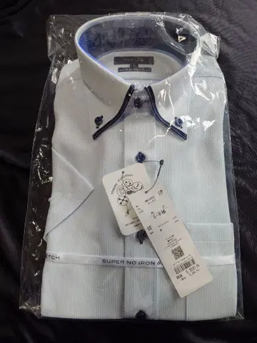 타카큐 반팔 비즈 피케 셔츠 슈퍼 노아이론 스카이블루 스트라이프