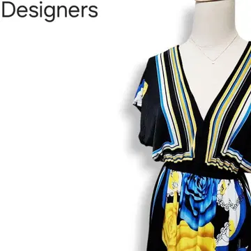 빅 로즈 스카프 패턴 깊은 V넥 허리밴딩 무릎 기장 시어 원피스