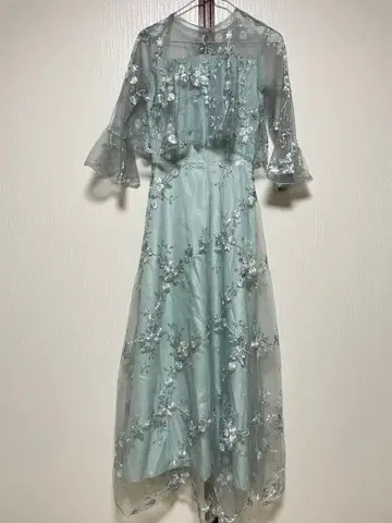 결혼식 민트 그린 자수 플레어 소매 롱 드레스