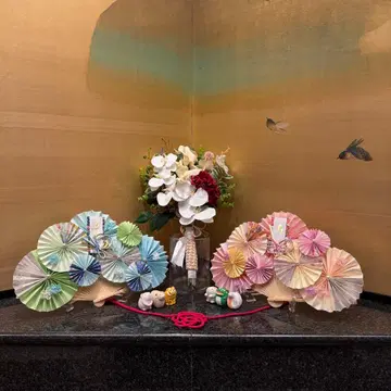 부채 소품 운명의 붉은 실 조화의 일본식 부케 세트