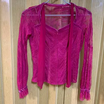 차코트 핑크 레이스 긴팔 블라우스