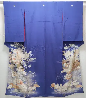 앤티크 순수 실크 금사 자수 화차(꽃수레) 무늬 기모노 (774)