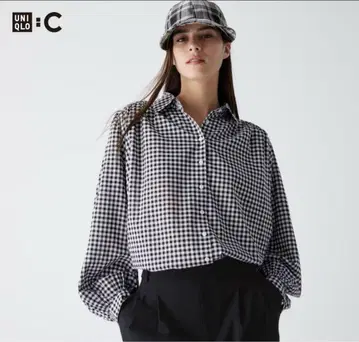 택 포함 새상품 유니클로C 시어 볼륨 체크 블라우스 XL