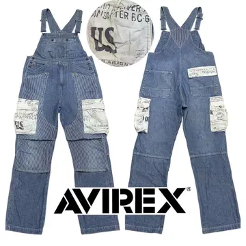 레어 AVIREX 오버롤 더블니 데님 히코리 스텐실