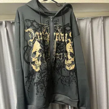 스컬 프린트 지퍼 후드티 그레이