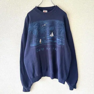 Hanes 90s 맨투맨 애니멀 백조 요트 자수 풍경 네이비