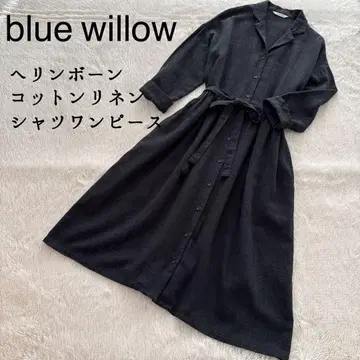 blue willow 헤링본 코튼 린넨 셔츠 원피스