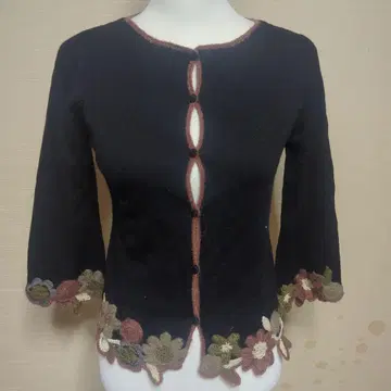 호코모모라 블랙 꽃 모티브 크로 셰 뜨개질 가디건