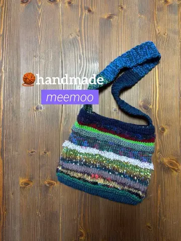 [ handmade ] 손뜨개질 숄더백 멀티 보더 파랑