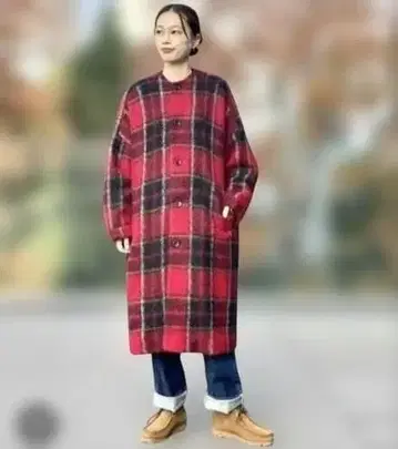 783y 빔즈 보이 슬리버 타탄 체크 노카라 코트 빨간색