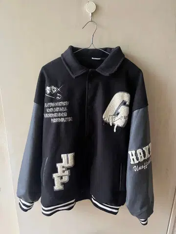 자수 블랙 그레이 바시티 자켓