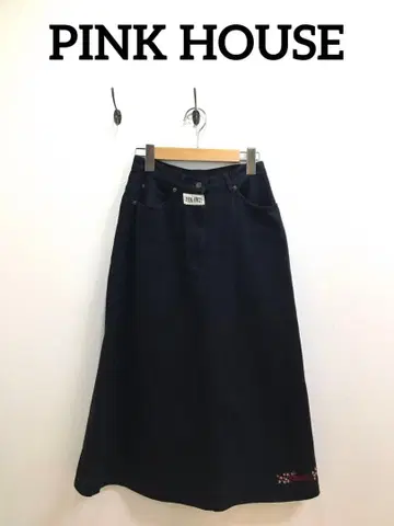 [ 핑크하우스 ] M 사이즈 블랙 롱 데님 스커트 포켓 있음 자수 포함