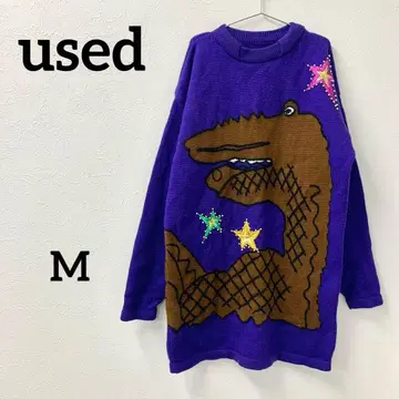 공룡 디자인 니트 스웨터 퍼플 긴팔 개성 귀여운