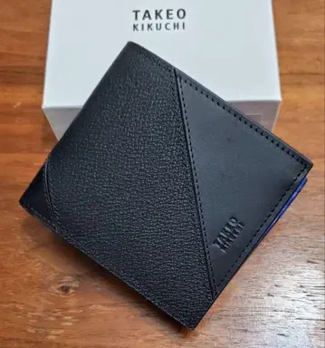 다케오 키쿠치 새상품 남성용 가죽 지갑 (블루/블랙 이단 접이)