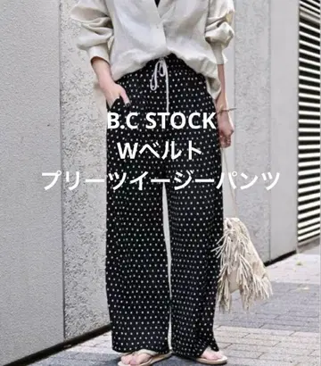 B.C STOCK W 벨트 플리츠 이지 팬츠 도트 블랙
