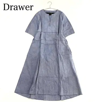 [드로어] 코튼 패치워크 원피스 (M) 블루 반팔 플레어 루즈핏