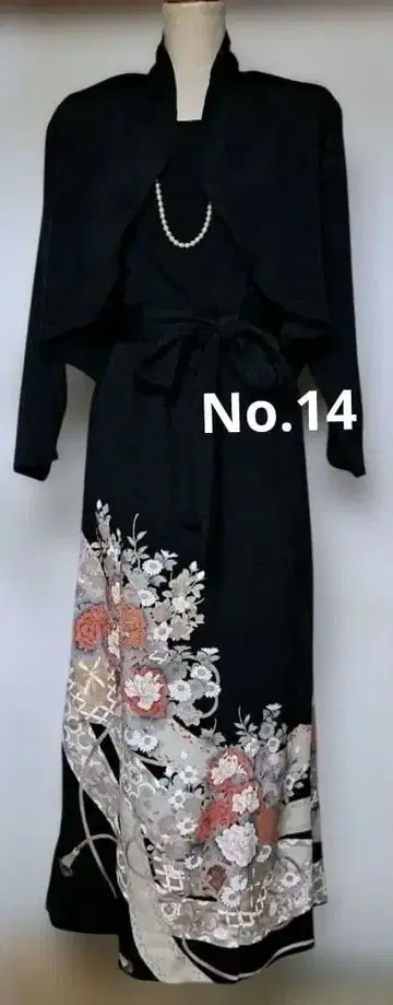 블랙 전통 예복 기모노 리메이크 볼레로 포함 롱 드레스 꽃무늬 자수