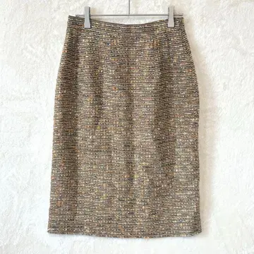 타이트 스커트 L 트위드 무릎 기장 키라키라 개성 면 혼방 일본제 베이지