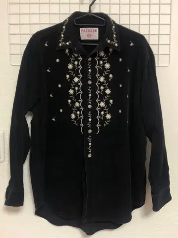 여성용 셔츠 꽃무늬 자수 블랙 빈티지 레트로