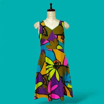 70s 레트로 팝 원색 빅 플라워 무늬 미니 기장 원피스 개성파 빈티지