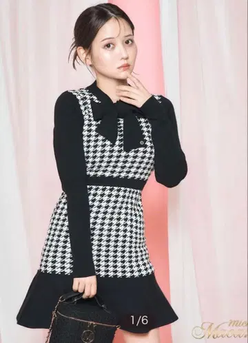 미셸 마카롱 리본 니트 원피스 하운드투스 체크 패턴