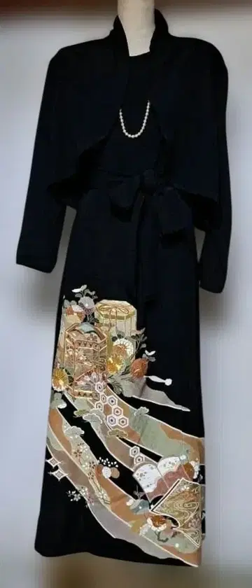 블랙 전통 예복 기모노 리메이크 볼레로 포함 롱 드레스